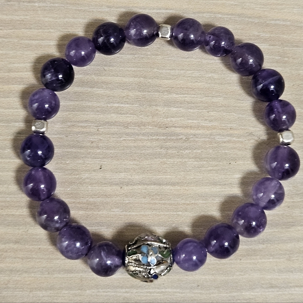 Handmade Unisex Natural Amethyst Gemstone & Tibet Bali Bead Stretch Bracelet